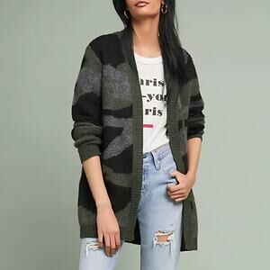 Moth Anthropologie Knit Open Front Camo Cardigan Green Black Gray Size M